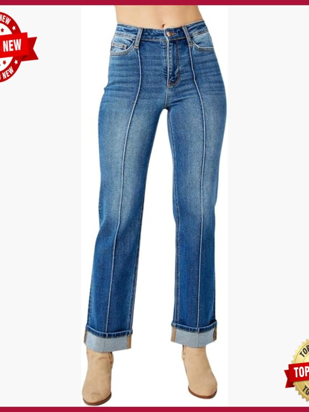 High Rise Straight Leg Jeans With Front Seam Detail, Cotton Blend